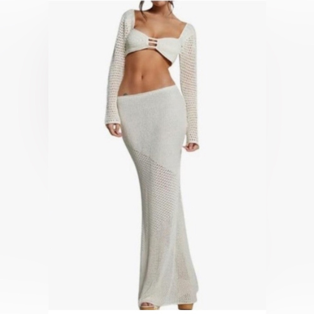 Y2K knit Two Piece Skirt Set Long Sleeve Crochet Crop Top Split Knit Maxi Skirt